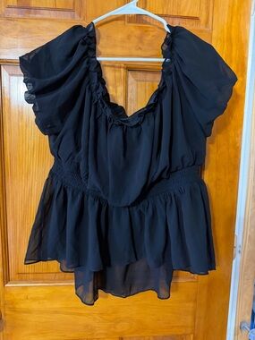 Black Puff-Sleeve Smocked Waist Blouse